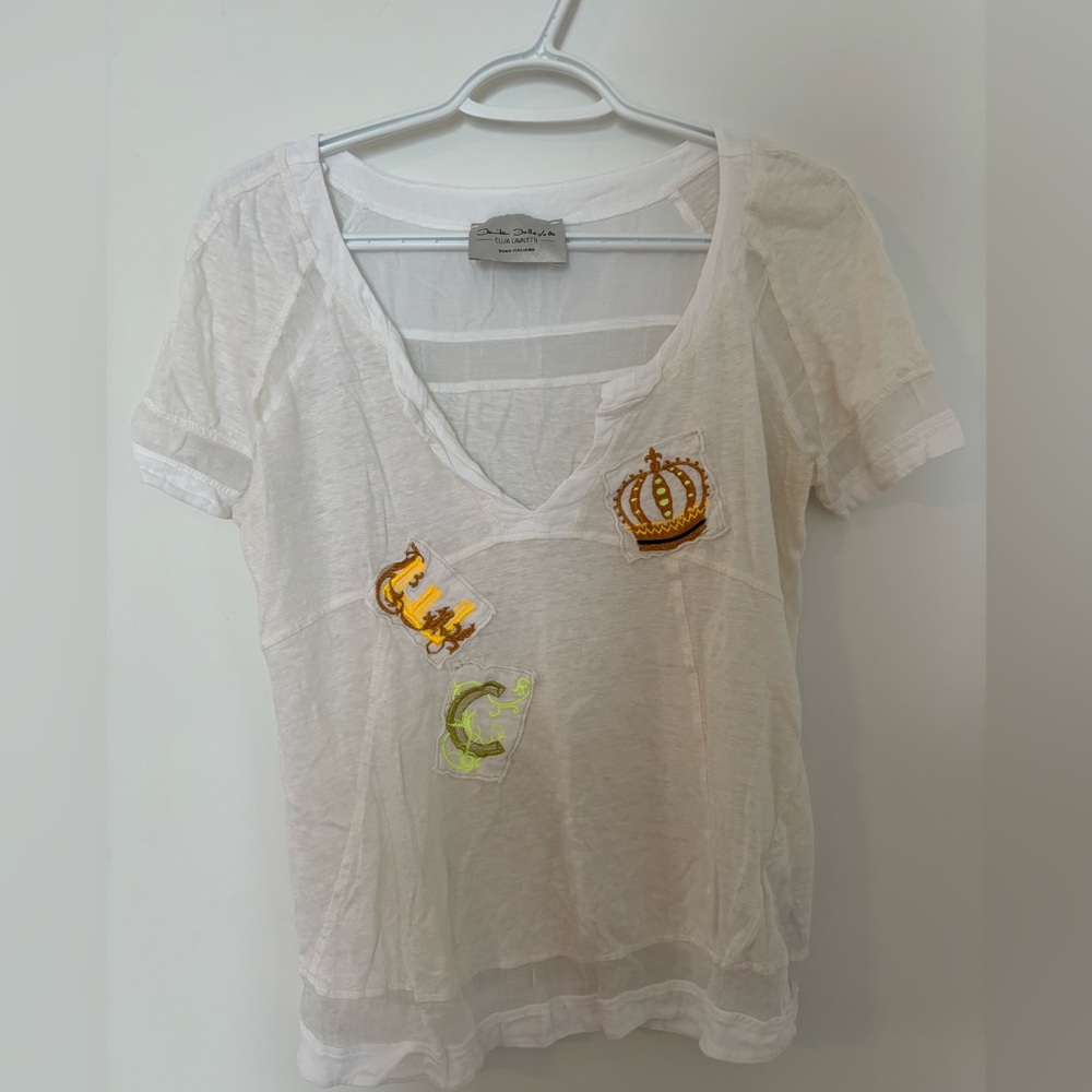Elisa Cavaletti White V-Neck Tee with Embroidered Patch Accents